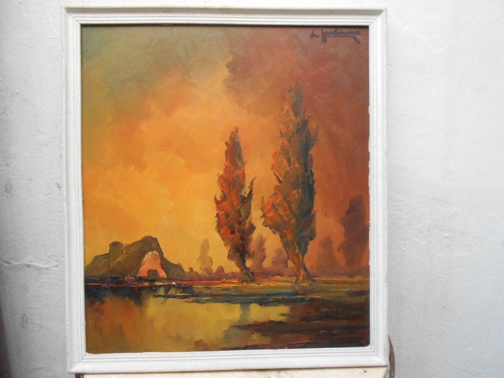 schildery LEO JORDAENS  hoeve by water landschap 1975, Antiquités & Art, Enlèvement ou Envoi, Signé, Paysage