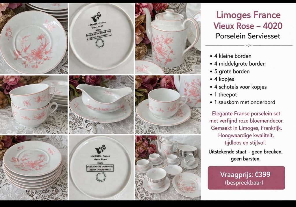 Limoges France porseleinen serviesset Vieux Rose 4020, Enlèvement ou Envoi, Comme neuf, Porcelaine
