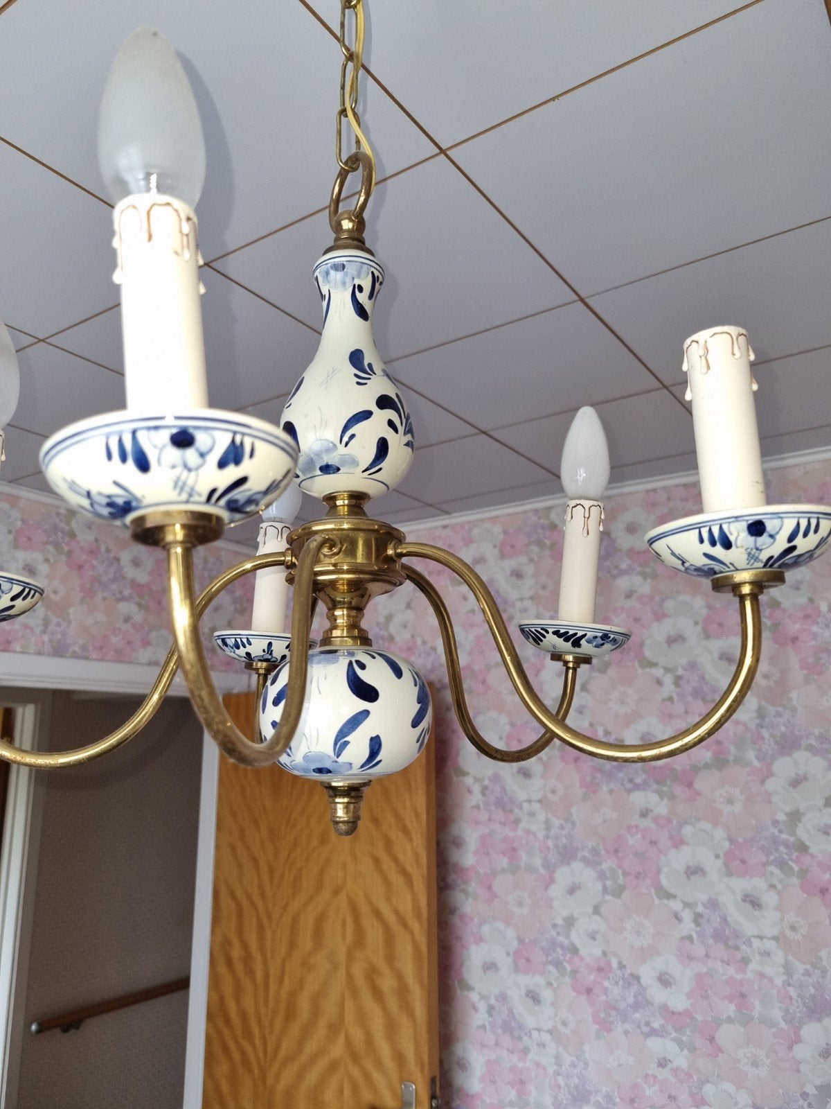 lustre ancien Delft, Maison & Meubles, Enlèvement, Utilisé, Céramique, E14 (petit)