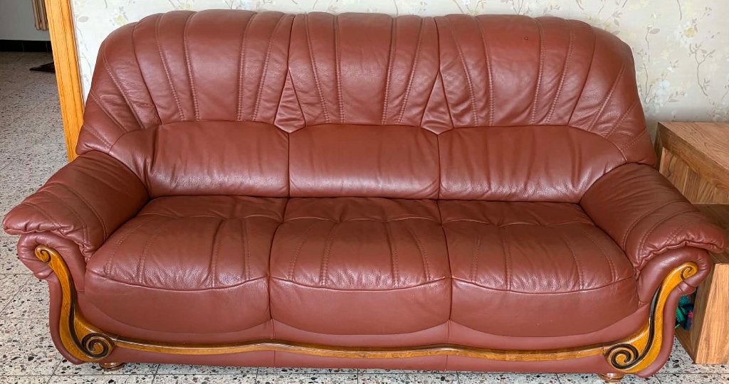 3-zitsbank en twee fauteuils, Ophalen, Gebruikt, Leer, 125 cm of meer