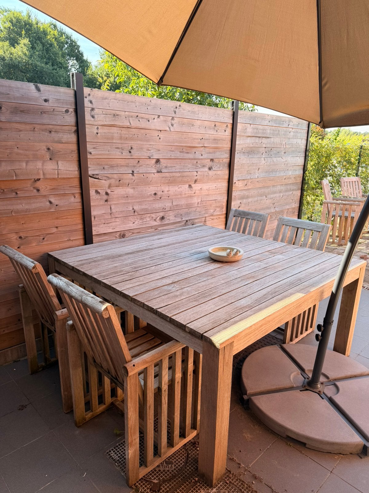 Teak terrastafel + 8 stoelen, Tuin en Terras, Ophalen, Gebruikt, 8 zitplaatsen, Tuinset