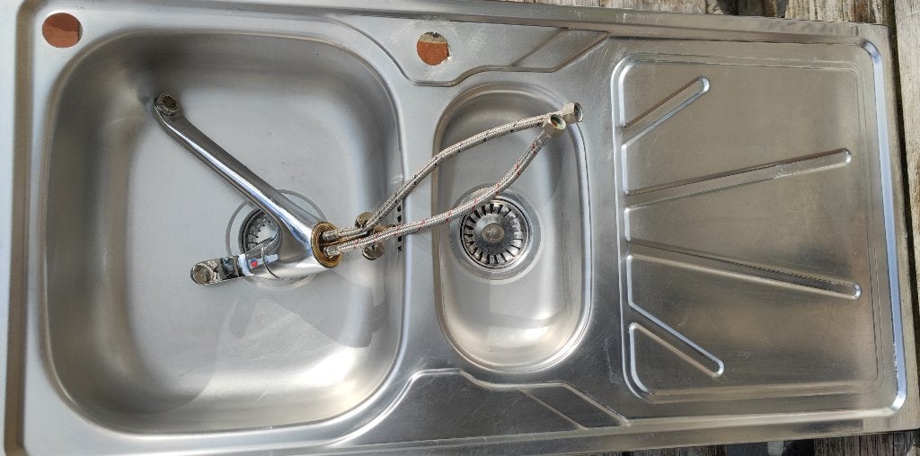 Double évier cuisine en inox à 2 bacs, égouttoir et mitigeur, Enlèvement ou Envoi, Utilisé, 50 à 100 cm, 100 à 150 cm