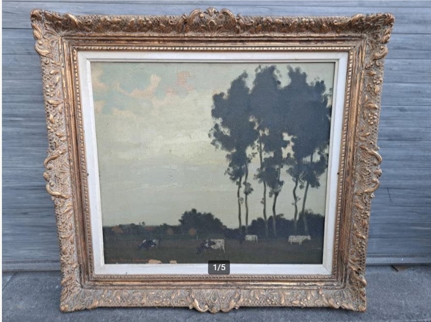 huile sur toile vaches au pres signe, Enlèvement ou Envoi, Toile