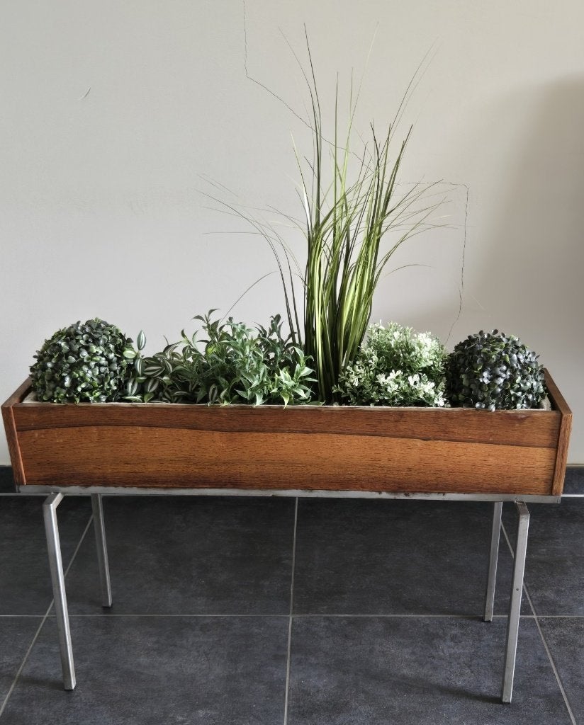 Vintage houten plantenbak op verchroomd onderstel, Tuin en Terras, Ophalen, Gebruikt, Binnen, 60 tot 100 cm