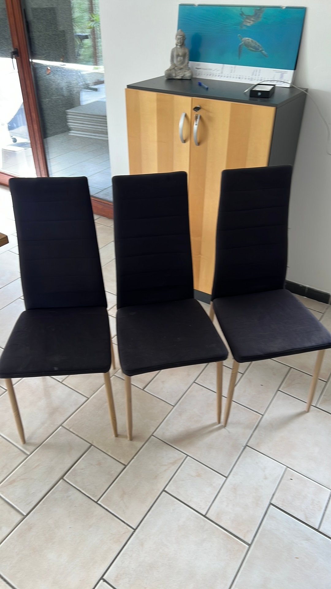 Chaises noire tissus - métal imitation bois. Bon etat, Enlèvement, Comme neuf, Bois
