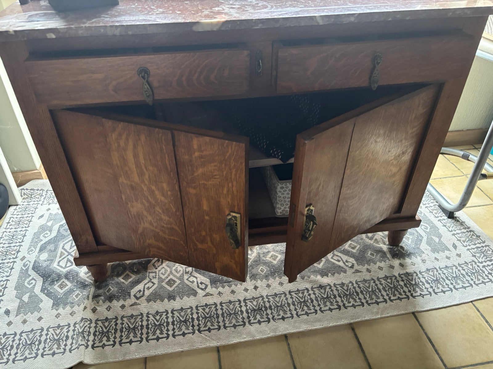 Kast met marmeren legger, Huis en Inrichting, Kasten | Buffetkasten, Ophalen, Gebruikt, 150 tot 200 cm, Eikenhout