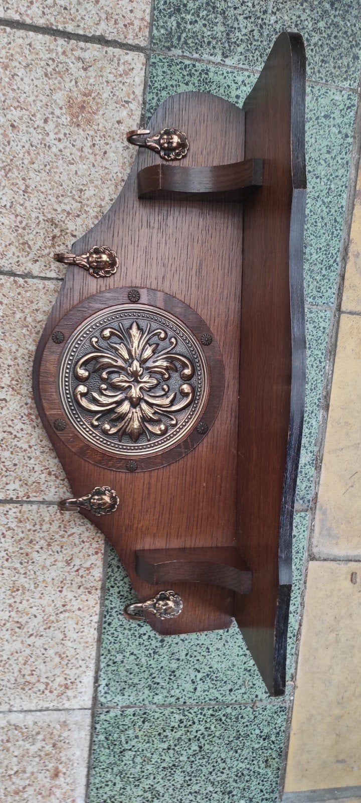 Prachtige authentieke houten kapstok met koperen ornament en, Ophalen of Verzenden