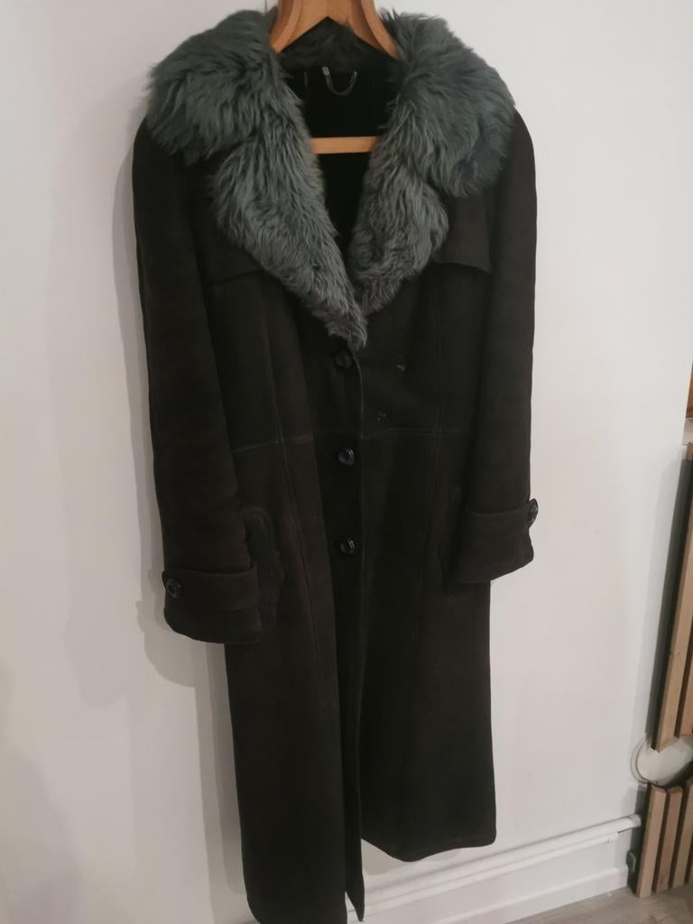 Manteau peau retournée shearling ceinturé col fourrure gris, Kleding | Dames, Ophalen of Verzenden, Grijs