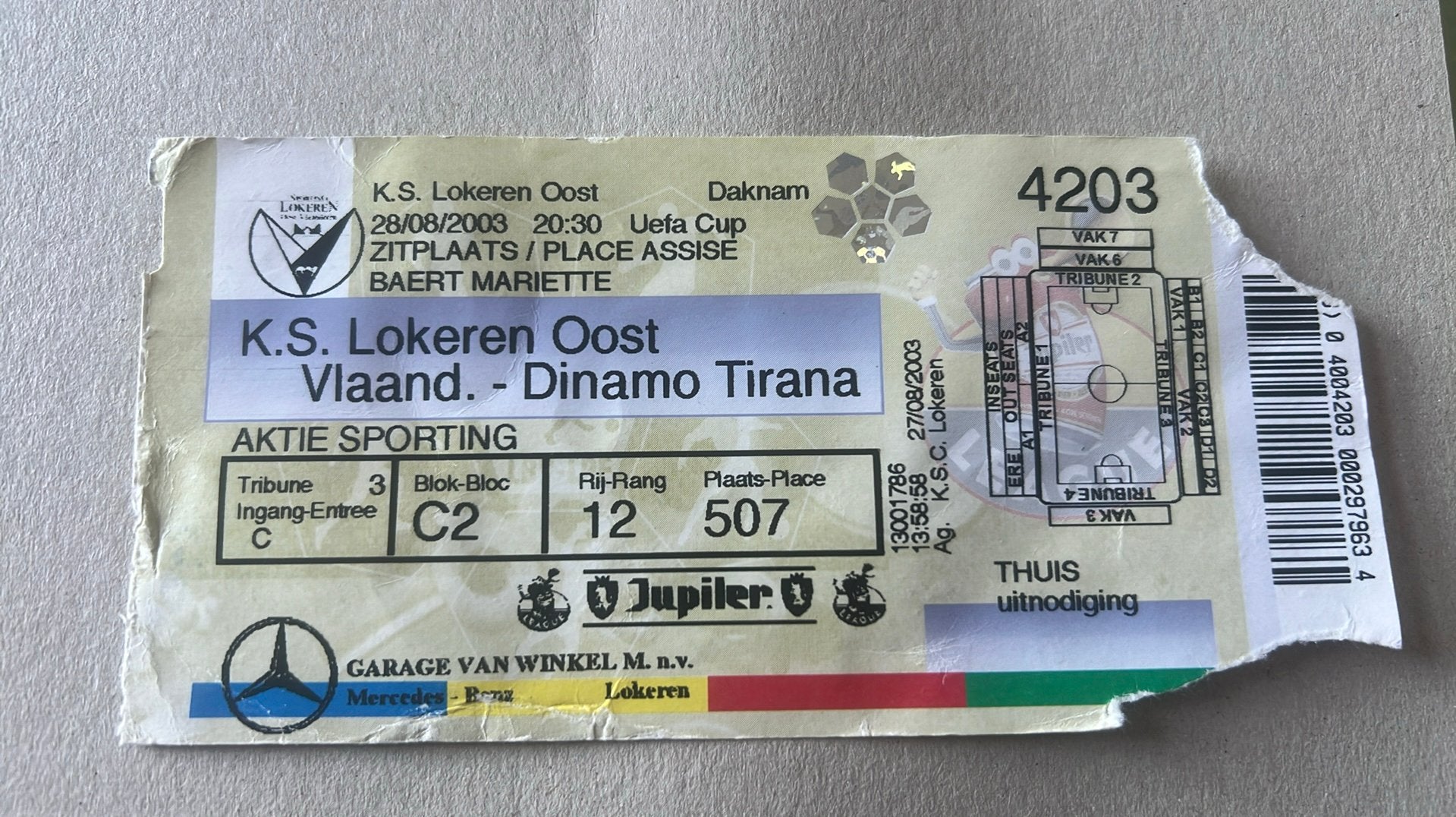 UEFA Cup-ticket KSC Lokeren 2003 - Dinamo Tirana, Verzenden, Gebruikt, Overige typen