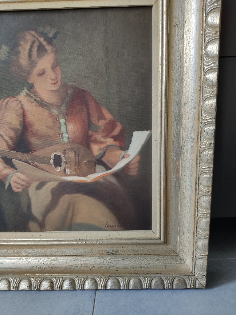 Tableau huile sur toile - Joueuse de mandoline / cadre doré, Portrait ou Personnes, Peinture à l'huile, Signé, Enlèvement
