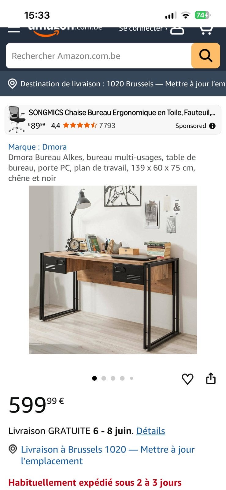 Bureau de style industriel, Bureau d'ordinateur, Métal, Enlèvement, Industriel