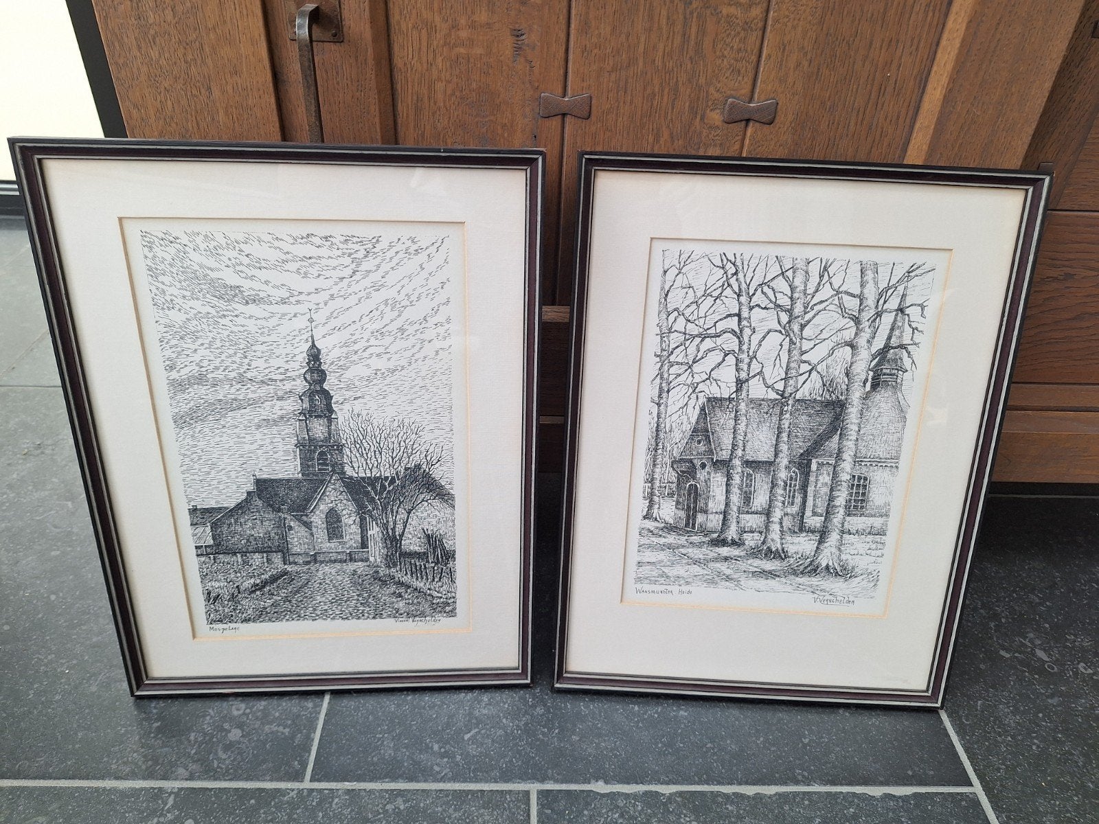 Twee pentekeningen Mespelare en Waasmunster, Ophalen, Ingelijst