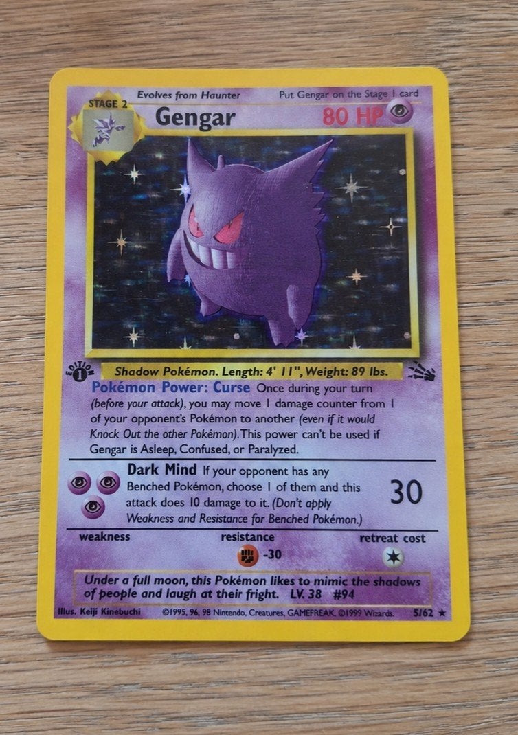 Pokémon Gengar 5/62 Holo 1ère édition Fossil 1999, Enlèvement ou Envoi, Utilisé, Cartes en vrac, Foil