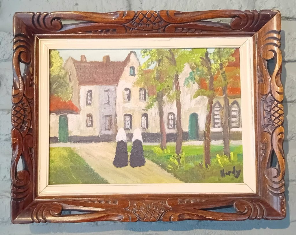 'Le béguinage'  - Olieverf op paneel - getekend 'Herdy' -, Enlèvement