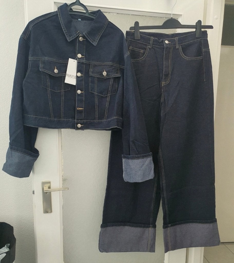 Denim set: cropped spijkerjasje + wide leg jeans Maat: L, Kleding | Dames, Ophalen of Verzenden, Nieuw, Blauw, Overige jeansmaten