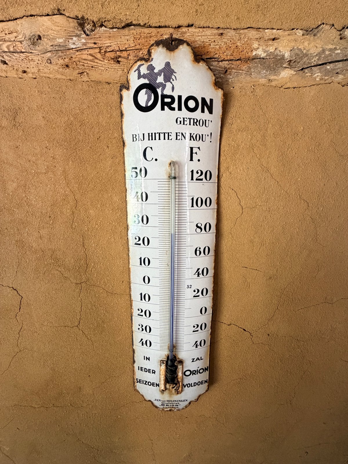 Emaille reclamebord met thermometer, Ophalen, Reclamebord