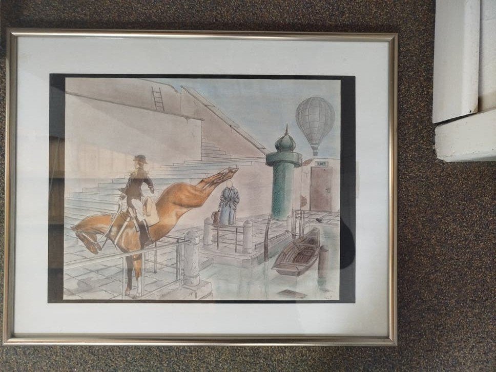 Ingelijst kunstwerk met een ruiterscène., Ophalen of Verzenden