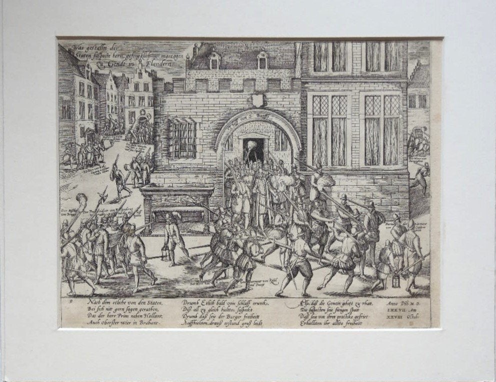 Frans Hogenberg ets "St. Baafs Hof Gent 1578", met watermerk, Antiek en Kunst, Kunst | Etsen en Gravures, Ophalen, Ets, Militair
