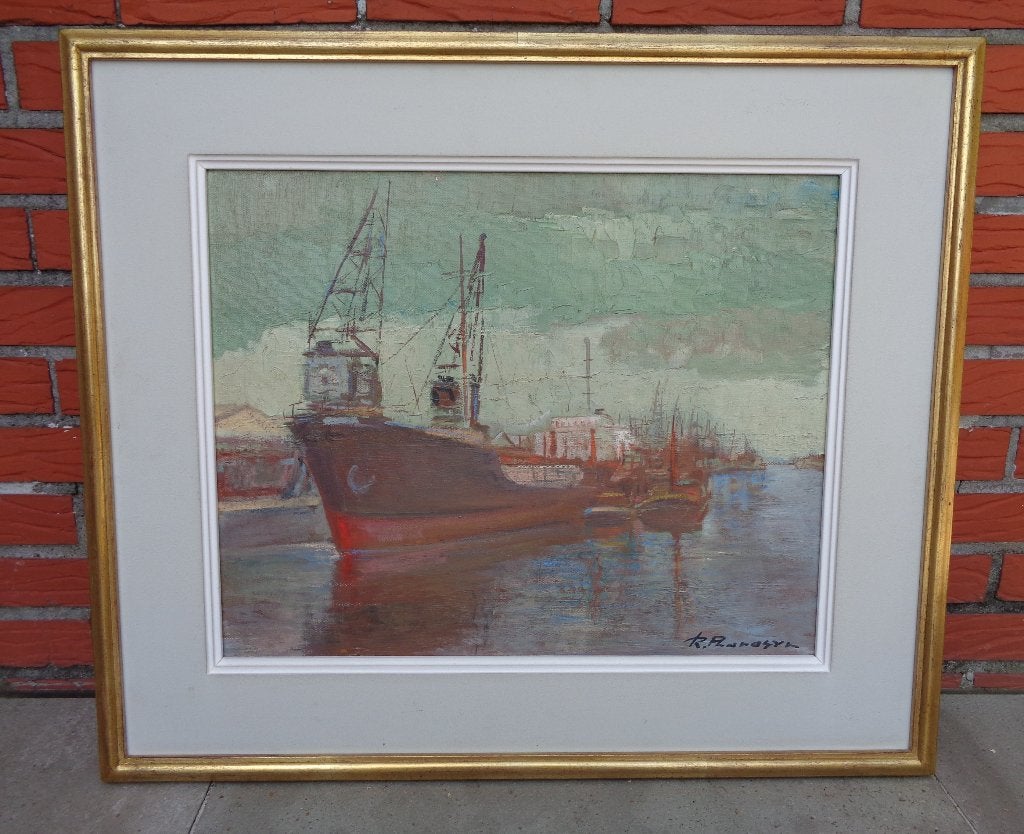 Raoul Pharasyn (1908-1991) -  schip in haven - olieverf, Antiek en Kunst, Maritiem / water, Doek, Ophalen of Verzenden, Gedateerd