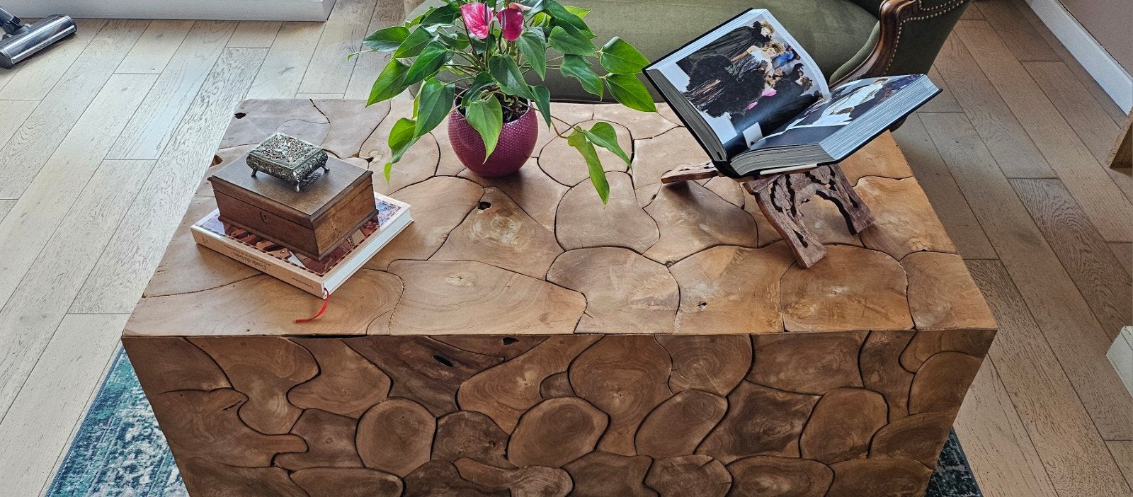 Table basse en bois de teck – Mosaïque de bois – 130 cm, Maison & Meubles, Teck, 100 à 150 cm, Enlèvement, Utilisé