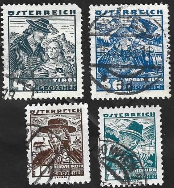 4 Postzegels Oostenrijk 1934 Klederdrachten, Postzegels en Munten, Ophalen of Verzenden, Gestempeld