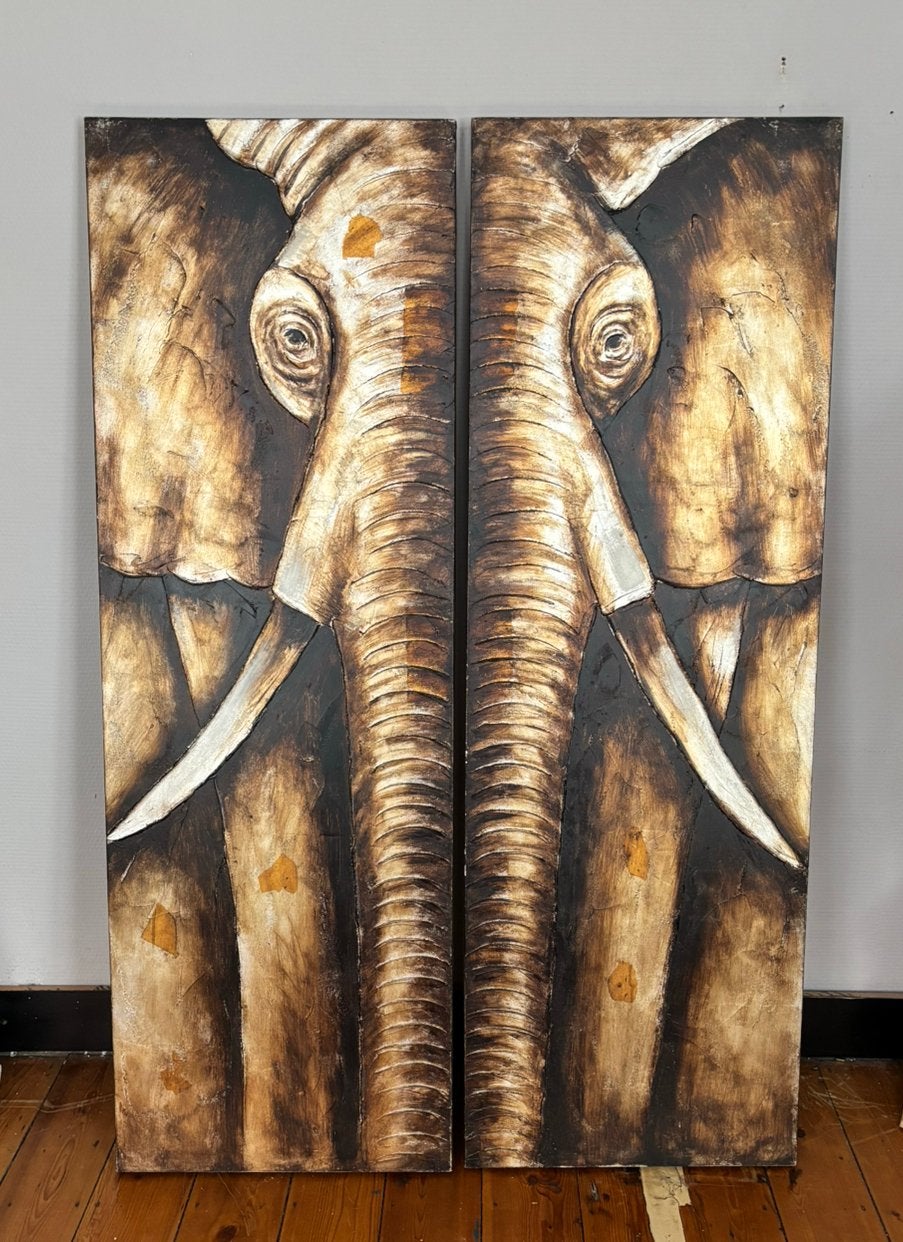 Schilderij olifant – tweeluik op canvas (ca. 100  150 cm), Antiek en Kunst, Ophalen of Verzenden