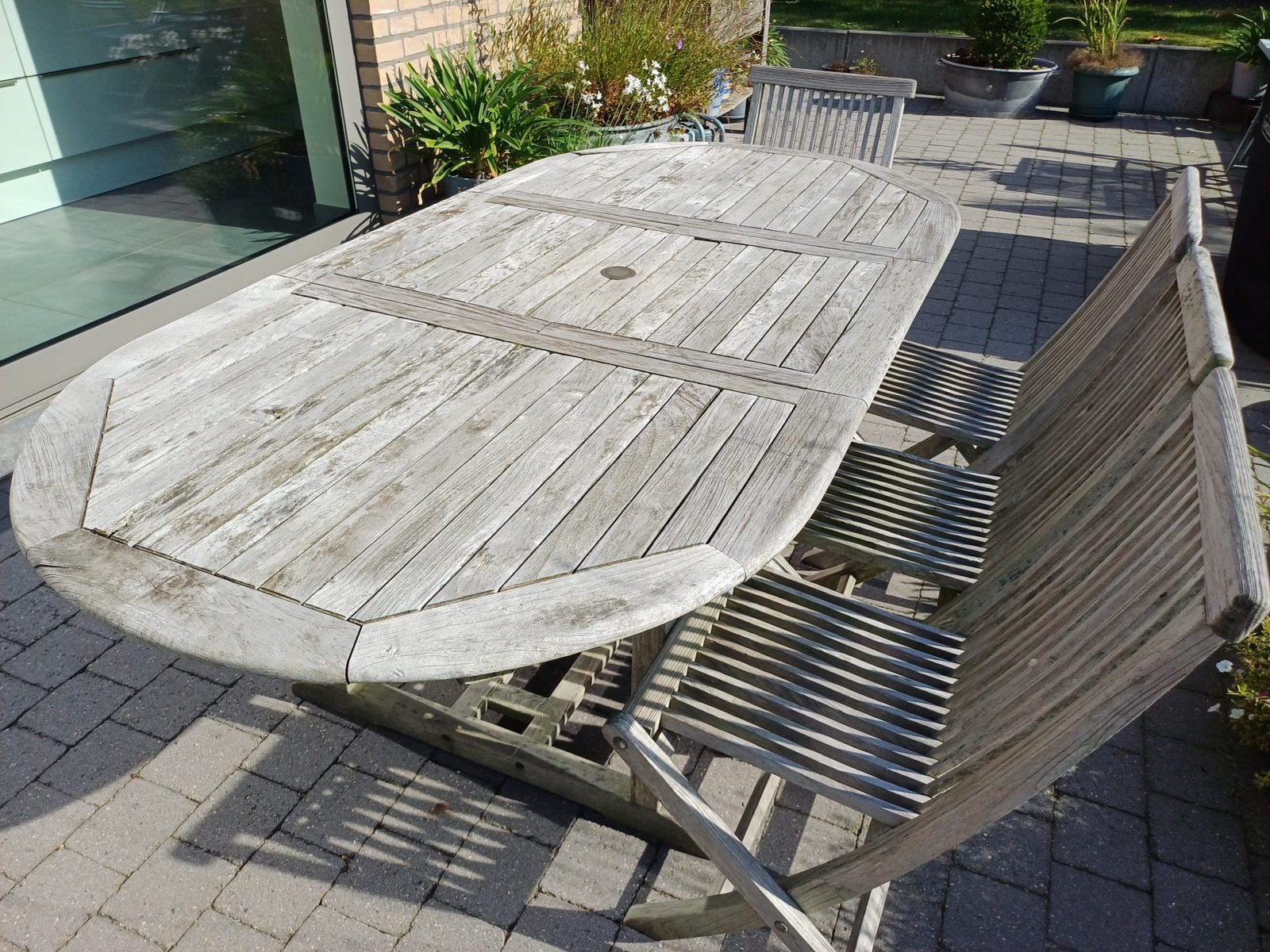 Table et 8 chaises en teck, Jardin & Terrasse, Enlèvement, Utilisé, Ovale, Bois de teck