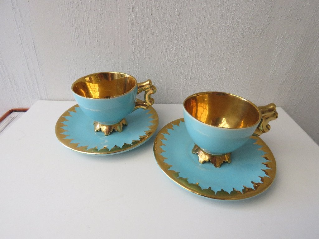 Ensemble de 2 tasses à café turquoises en métal doré signées, Enlèvement ou Envoi