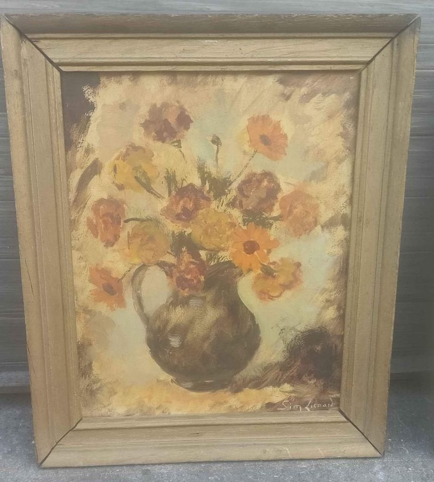 huile sur panneau fleurs signe simone lienard, Antiquités & Art, Enlèvement ou Envoi, Fleurs, Panneau