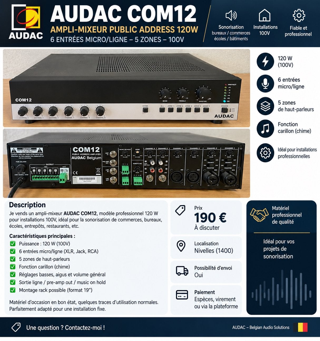 Ampli audac com12, Audio, Tv en Foto, Ophalen of Verzenden, Zo goed als nieuw