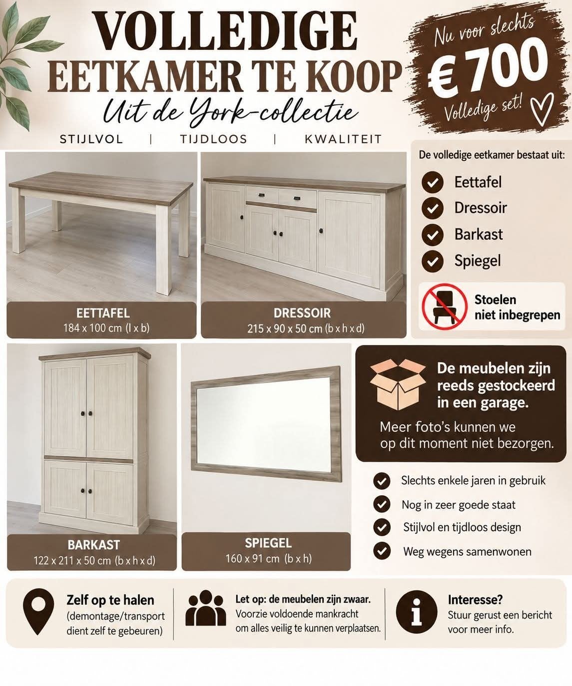 volledige eetkamer York-collectie, Huis en Inrichting, Ophalen, Zo goed als nieuw, Crème