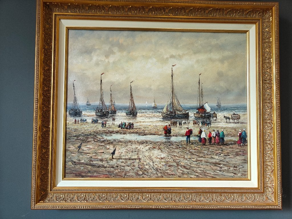 Klassieke schilderij H. Vader - schepen aan het strand, Antiek en Kunst, Kunst | Schilderijen | Klassiek, Ophalen, Maritiem / water