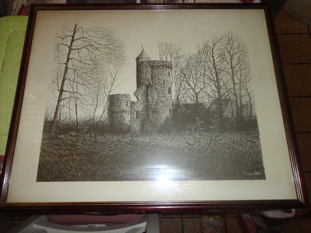 Tekening 'Burcht van Herzele', Antiquités & Art, Art | Dessins & Photographie, Enlèvement, Dessin, Sous verre