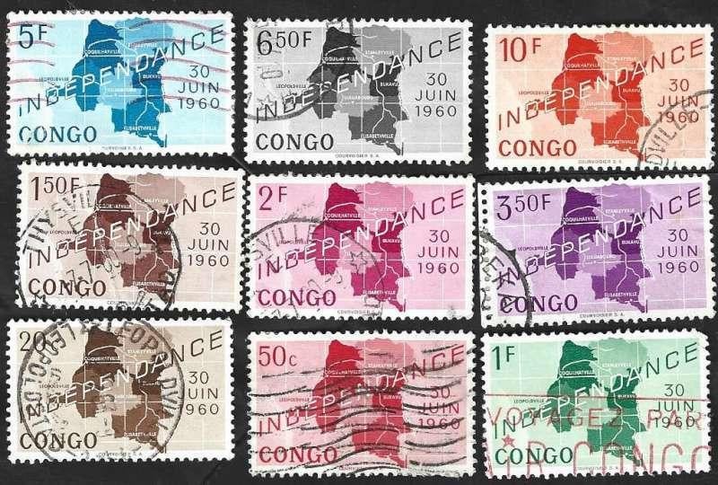 9 Postzegels Congo-Kinshasa 1960 Independance, Postzegels en Munten, Postzegels | Afrika, Ophalen of Verzenden, Overige landen