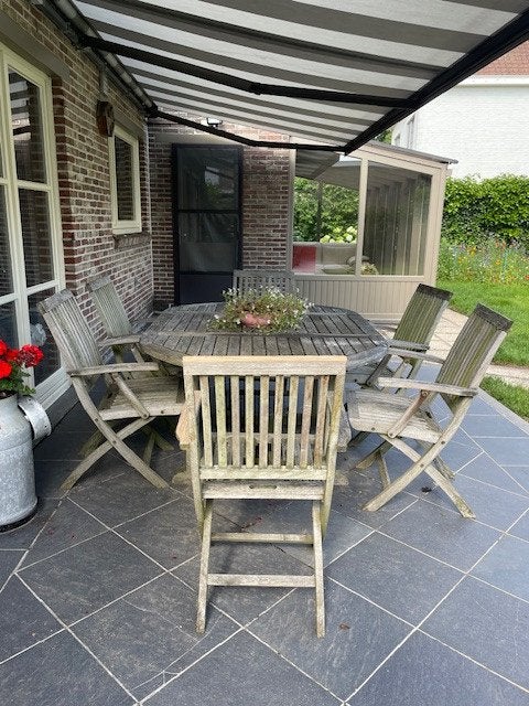 Teak tuintafel en stoelen, Tuin en Terras, Ophalen, Gebruikt, 6 zitplaatsen, Teakhout