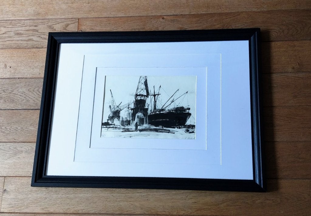 Karel Mechiels - Zwarte lavis & pen/papier - Antwerpse haven, Antiek en Kunst, Ophalen of Verzenden