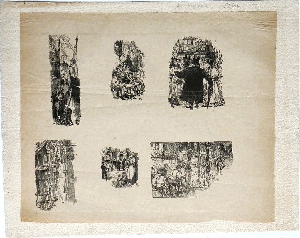 Auguste Lepère houtgravure "Comics-Selectie", met oplegvel, Antiek en Kunst, Ophalen, Dagelijks leven, 1800 - 1899, Houtsnede
