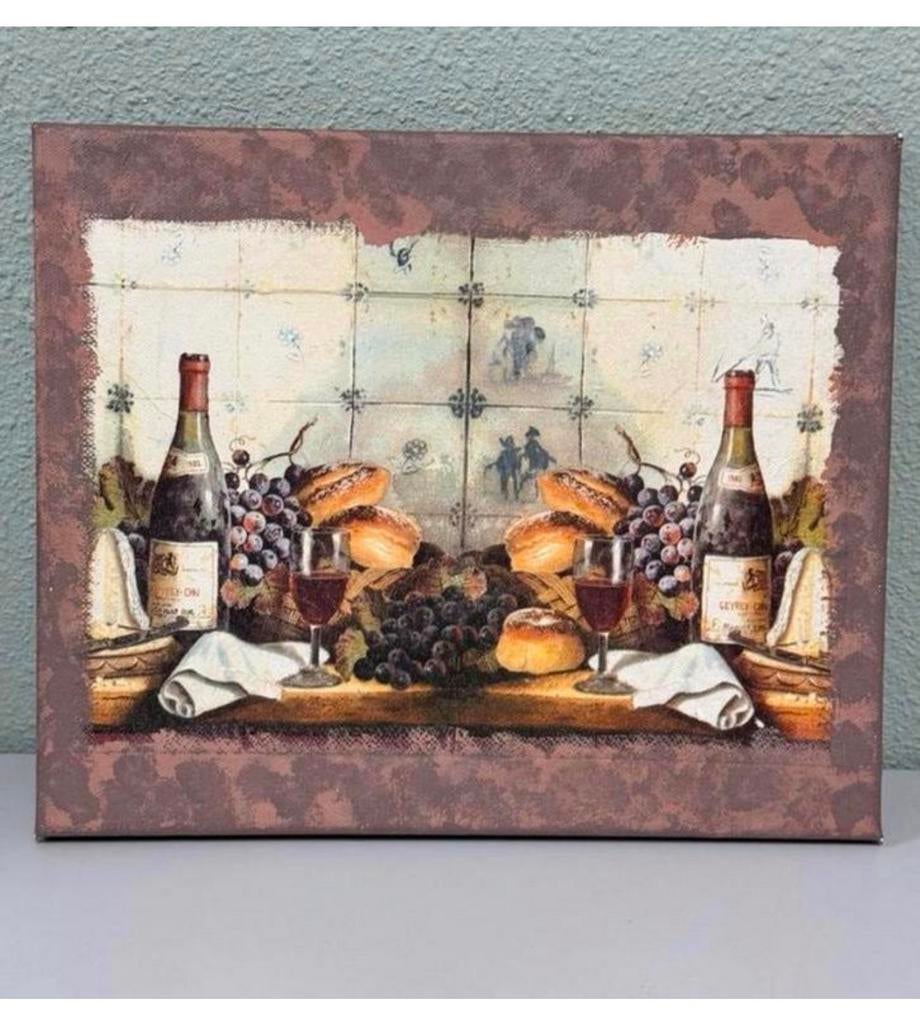 Peinture classique toile, carreaux bleus de Delft, pain, vin, Enlèvement ou Envoi