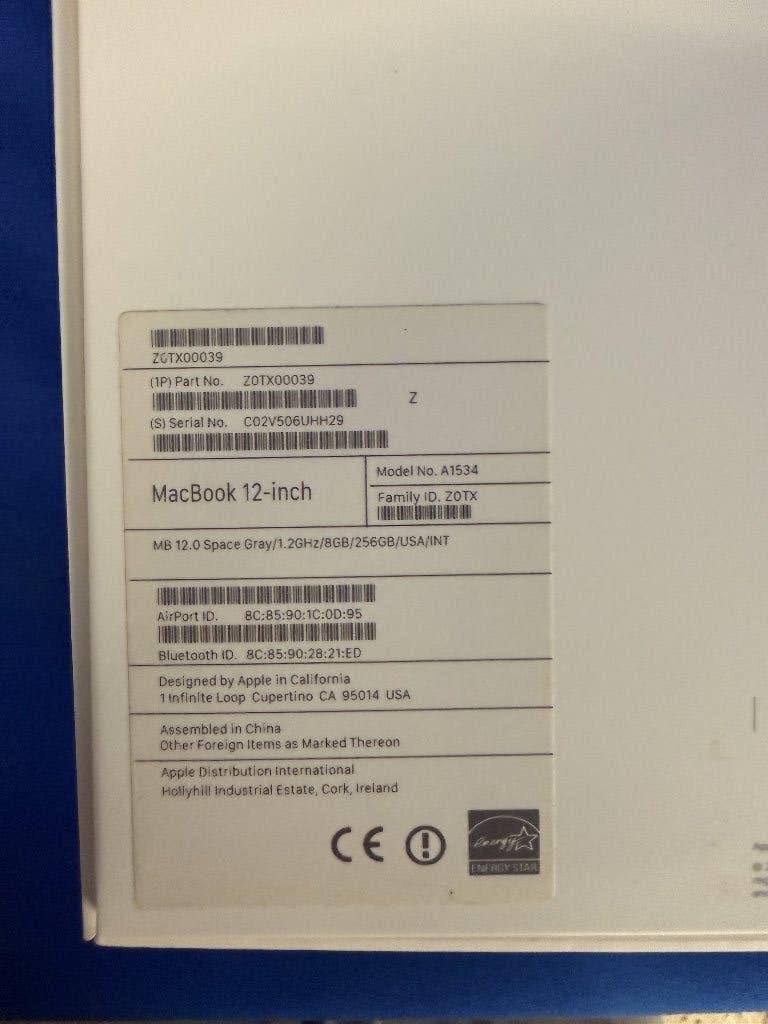 macbook 12inch A1534, Informatique & Logiciels, Apple Macbooks, 256 GB, Qwerty, 12 pouces, 8 GB