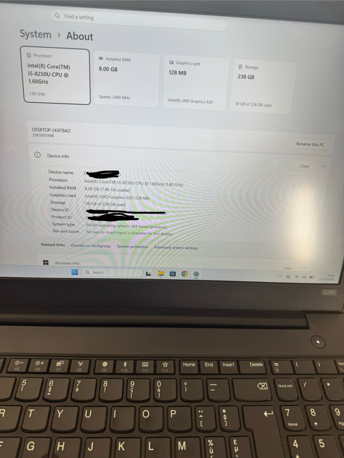 Lenovo ThinkPad E580 i5 - 8GB DDR4– 256GB – Win 11 Pro, Computers en Software, Ophalen, Gebruikt, 8 GB, SSD