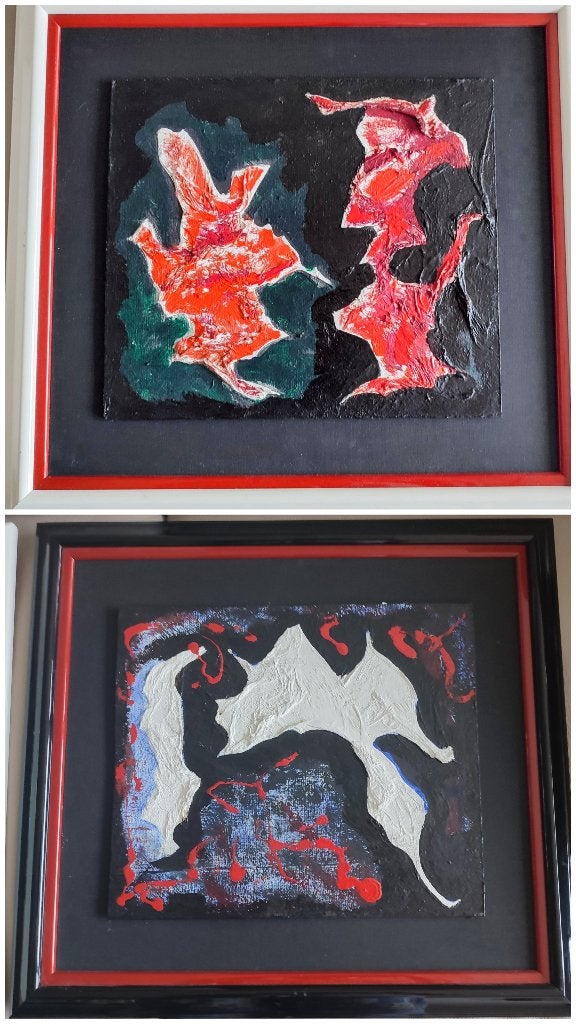 2 abstracte kunstwerken, gemengde techniek. Gerrit Germonpré, Ophalen