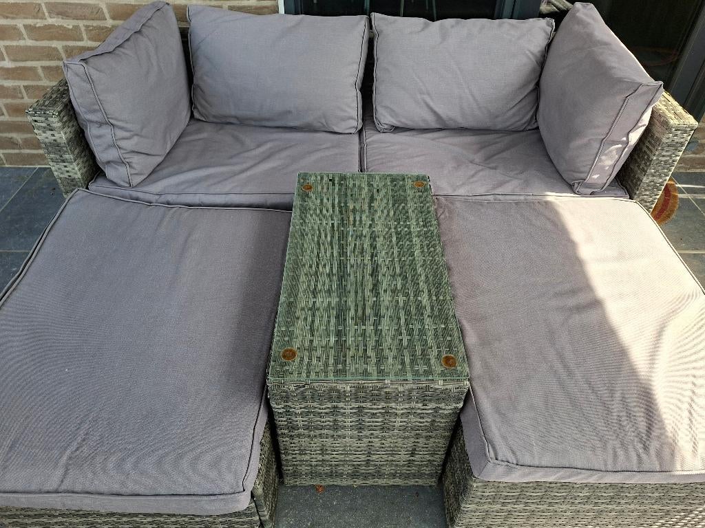 Loungeset, Tuin en Terras, Tuinsets en Loungesets, Gebruikt, Loungeset, Kunststof, 4 zitplaatsen, Bank, Bijzettafel, Ophalen