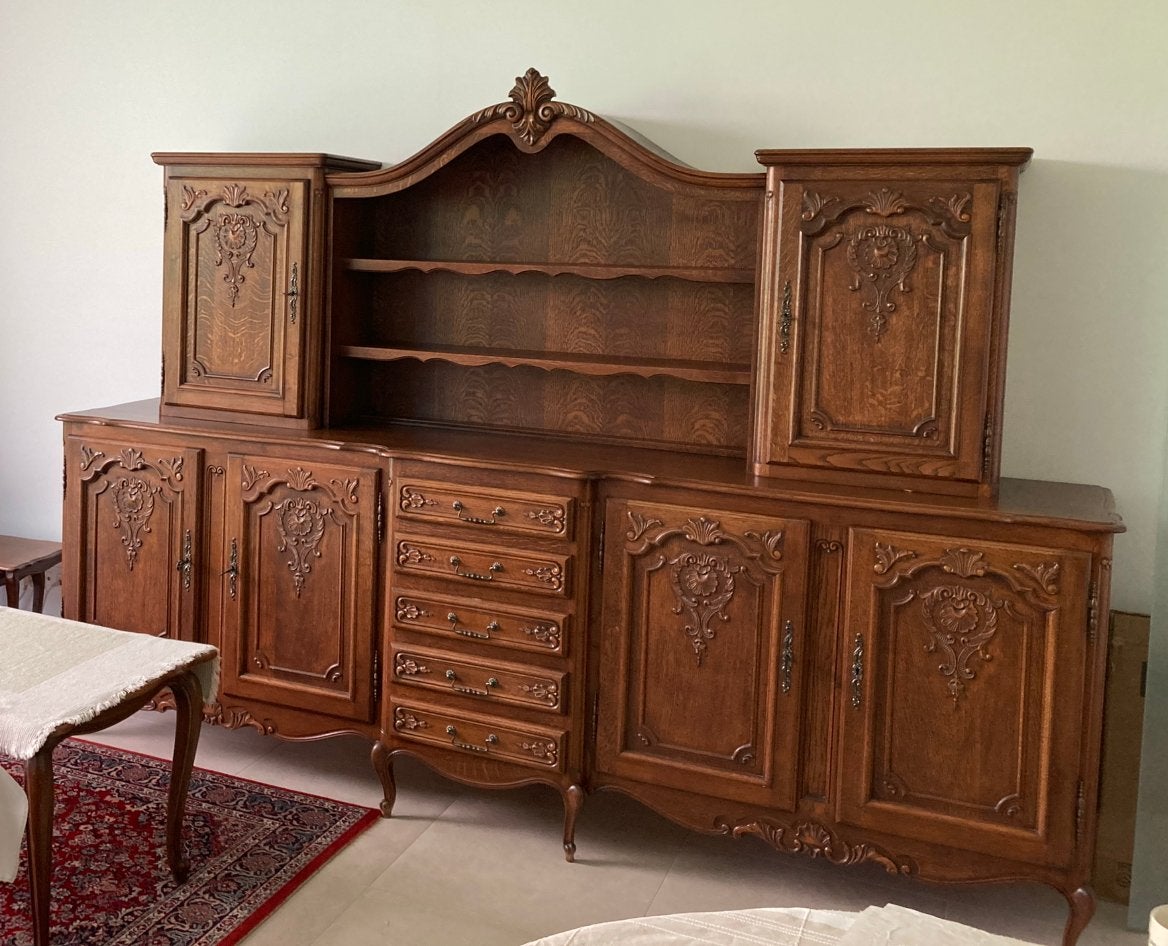 Buffet deux corps reproduction '70 entièrement en chêne, 200 cm ou plus, Avec tablette(s), Utilisé, Chêne