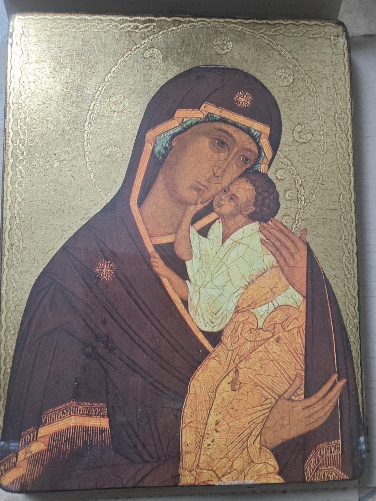 Large Vintage Icoon (27x36 cm) - Moeder Gods van Vladimir, Antiquités & Art, Art | Peinture | Classique, Enlèvement, Vintage, Panneau
