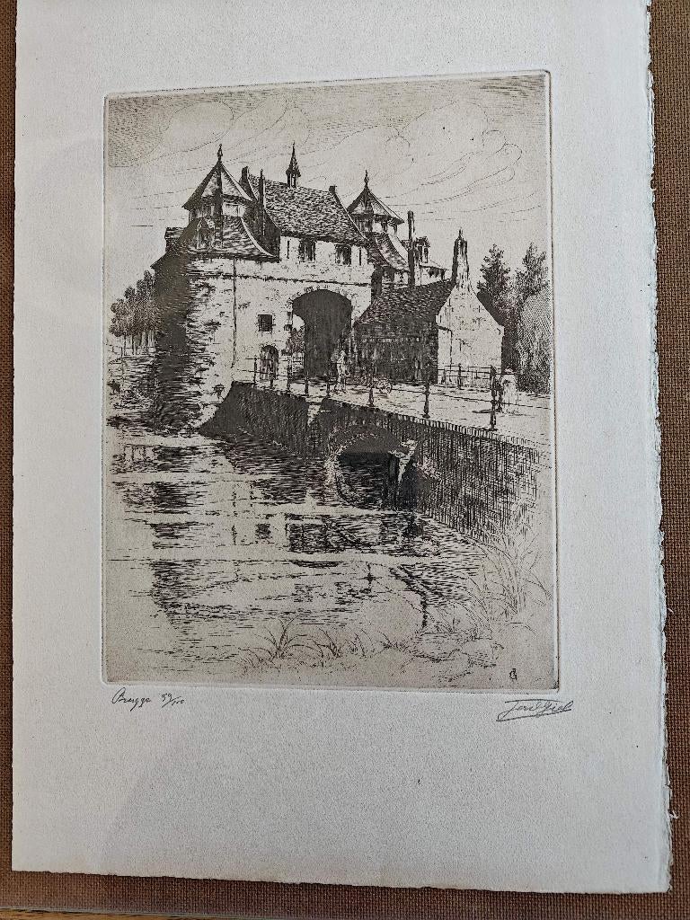 Historische ets - Ezelpoort in Brugge - 59/150, Antiek en Kunst, Ophalen, 46 cm, Ets, 32 cm