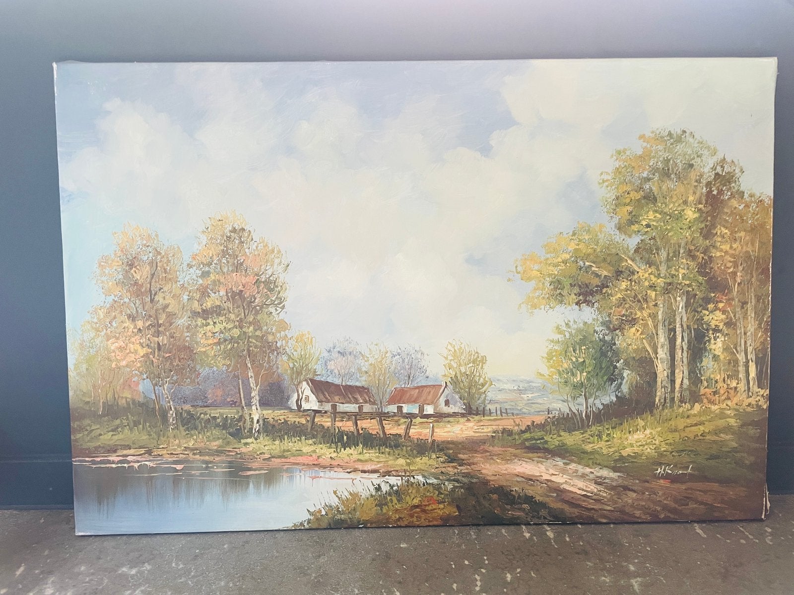 Klassiek olieverfschilderij landschap – gesigneerd H. Knauf, Antiek en Kunst, Ophalen, Doek, Landschap, Olieverf