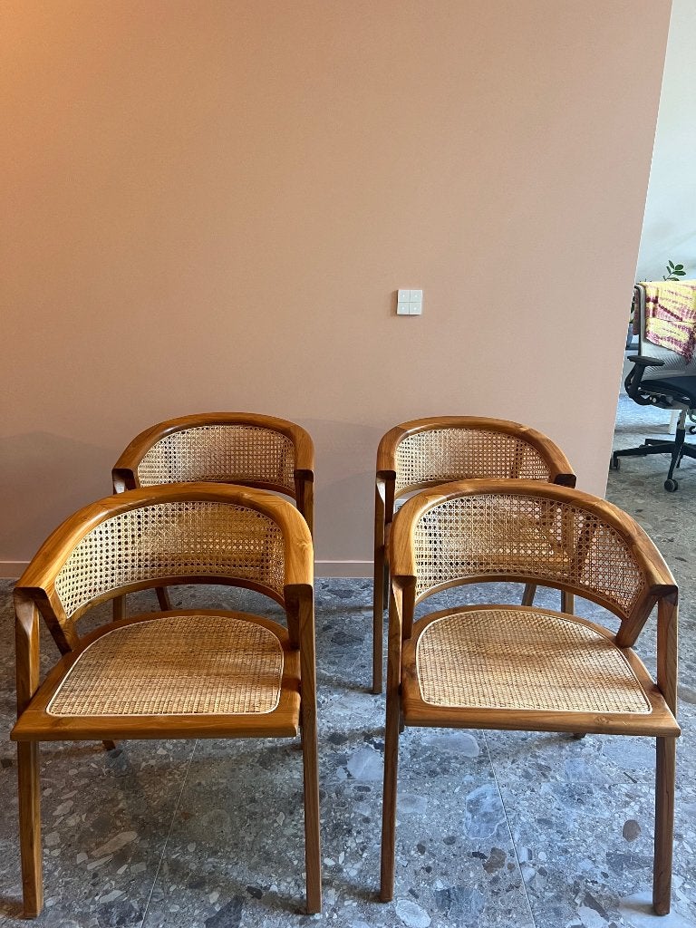 Vaste set van 4 mooie houten rotan stoelen - armleuningen, Ophalen, Gebruikt, Bruin, Vintage