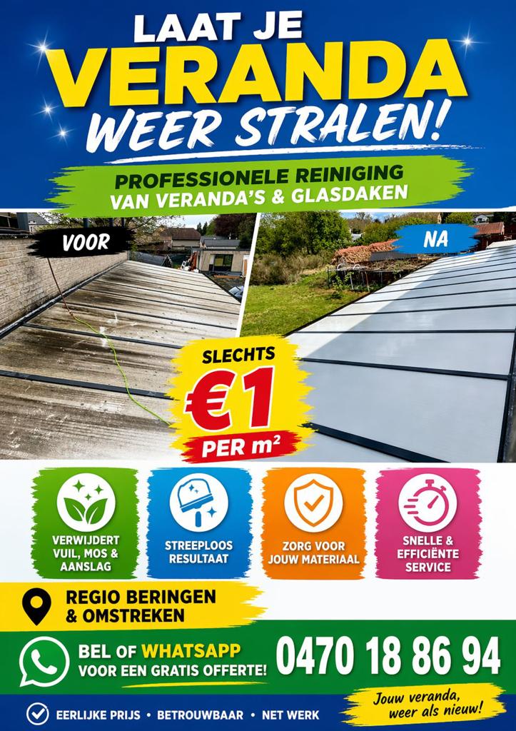 Veranda dak reinigen - vanaf €1/m², Enlèvement, Comme neuf