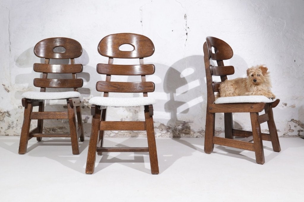 Set van 4 brutalistische visgraatstoelen, eiken, bouclé, Enlèvement