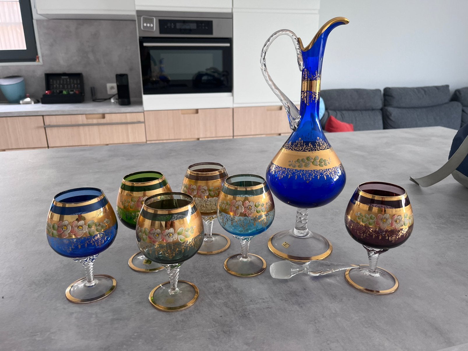 Vintage Italiaanse karafset met 6 glazen, Antiek en Kunst, Ophalen